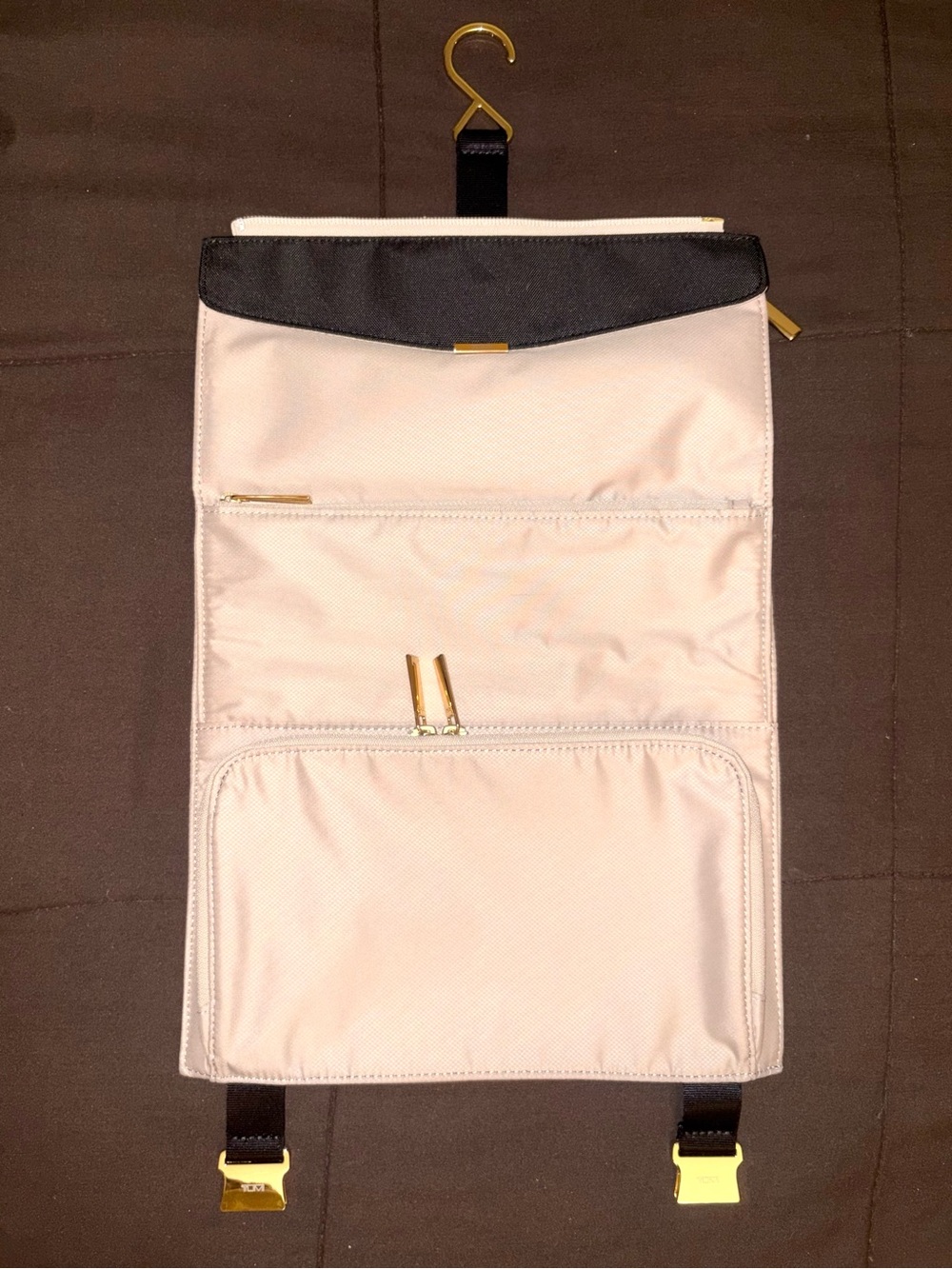 TUMI Hanging 4-Pocket Travel Organizer Khaki with Black Accents & Gold Hardware